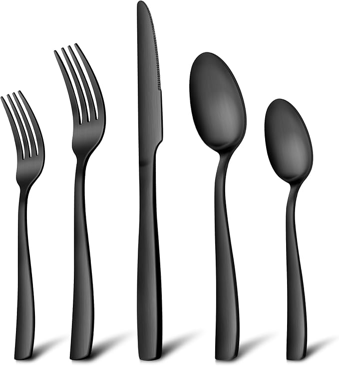 E-far Matte Black Silverware Set for 4, 20 Pieces Stainless Steel Flatware Eating Utensils Set for Home Kitchen Restaurant, Metal Forks Spoons and Knives with Square Handle for Wedding Dinner Party