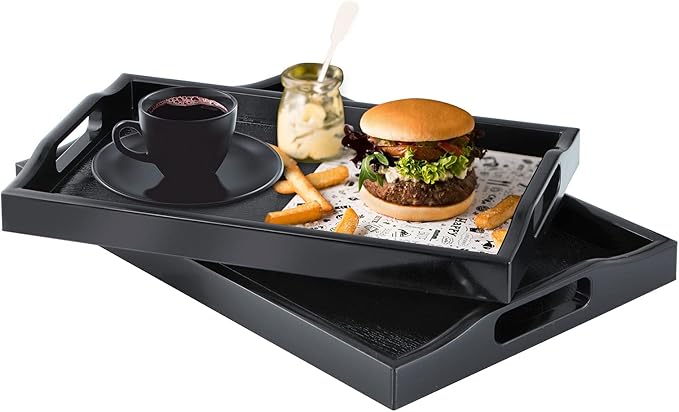 MDLUU Set of 2 Plastic Serving Tray, Ottoman Tray with Cutout Handles, Rectangle Butler Tray for Breakfast in Bed, Coffee Table, Kitchen Countertop (Black)