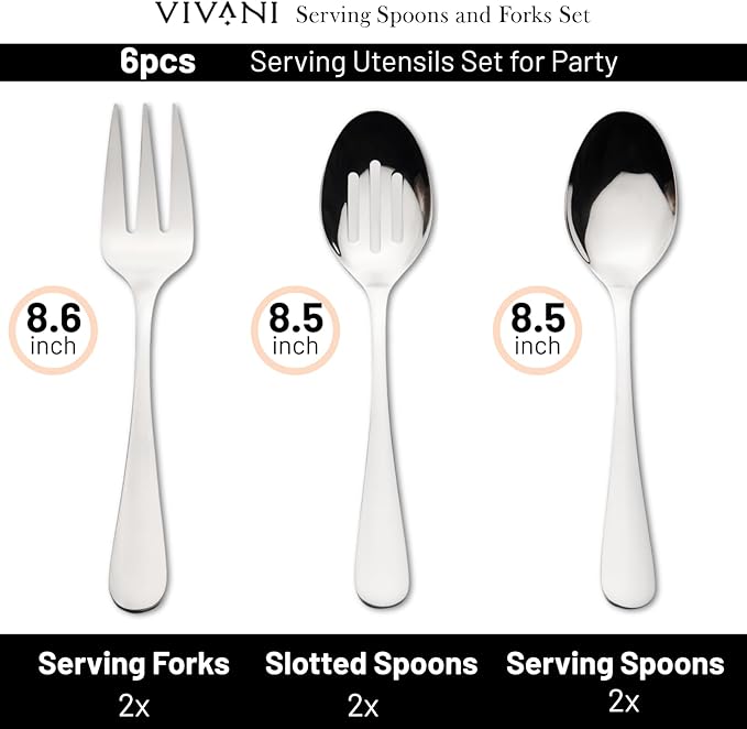 VIVANI 6-Piece Stainless Steel Serving Spoons and Forks Set, Serving Utensils for Parties, Buffet, Banquet and Kitchen, Dishwasher Safe, 8.6 Inches