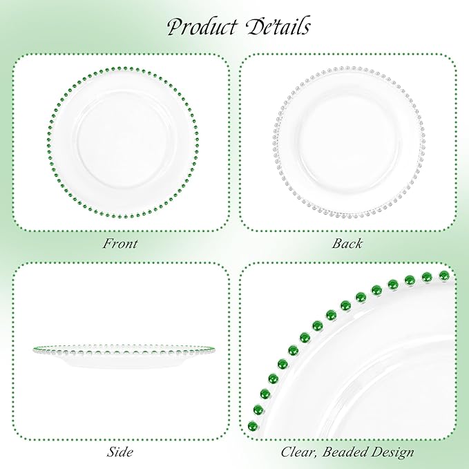 12 Pack Clear Charger Plates with Beaded Rim, 13 Inch Plastic Chargers for Dinner Plates Acrylic Round Tabletop Decoration for Home Kitchen Catering Wedding Table Event Party Dinner (Green)
