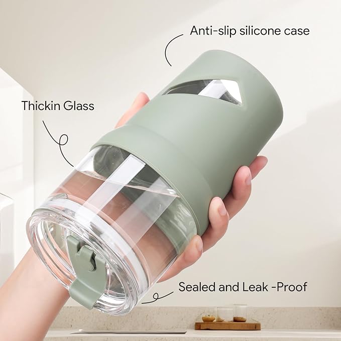 Glass Tumbler with Lids and Straws, 20 oz Iced Coffee Cup and Smoothie Cup with Bamboo Lid and On the go Lid,Glass Cups With Straws