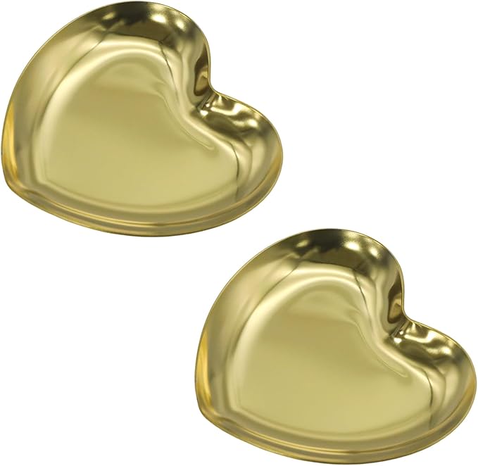 PINE & LINEN 2pcs Gold Jewelry Dish,3.5inch Stainless Steel Heart Trinket Tray Decorative Plate,Small Serving Tray for Home Decor/Decor Enthusiasts