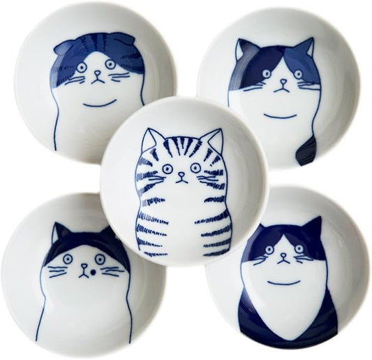 Japanese Cat Ceramic Small Plates - Set of 5 - Great Gift for Cat Lovers, 5 Cats 3.5in