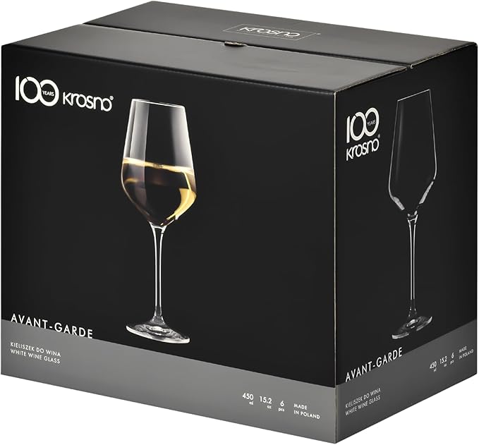 Krosno Large White Wine Glasses Set of 6, 13.2 oz, Avant-Garde Collection, Crystal Glass,Long Stem Wine Glasses for Wines and Cocktails, Glass Set for All Occasions, Dishwasher Safe, Made in Europe