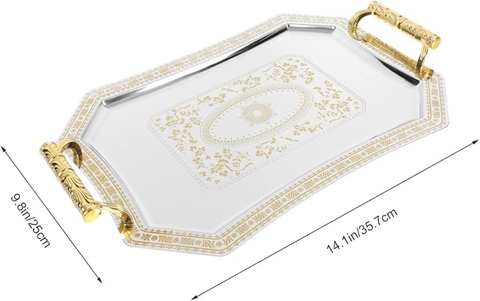 Serve Tray for Coffee Table Dresser Organizer Serveware Platter Jewelry Dish with Gold Polished Metal Handles Vintage Decorative Plates Perfume Living Room Kitchen Serving Tray