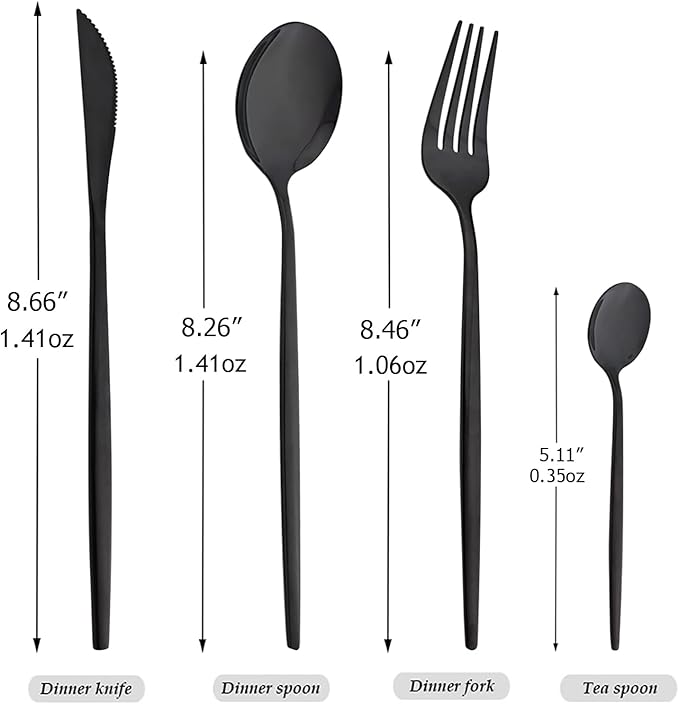 24-Piece Mirror Black Polished Flatware, 18/0 Stainless Steel Dinnerware Set Include Knife Fork Spoon Teaspoon Cutlery Set For Home Restaurant and Party Service For 6, Dishwasher Safe
