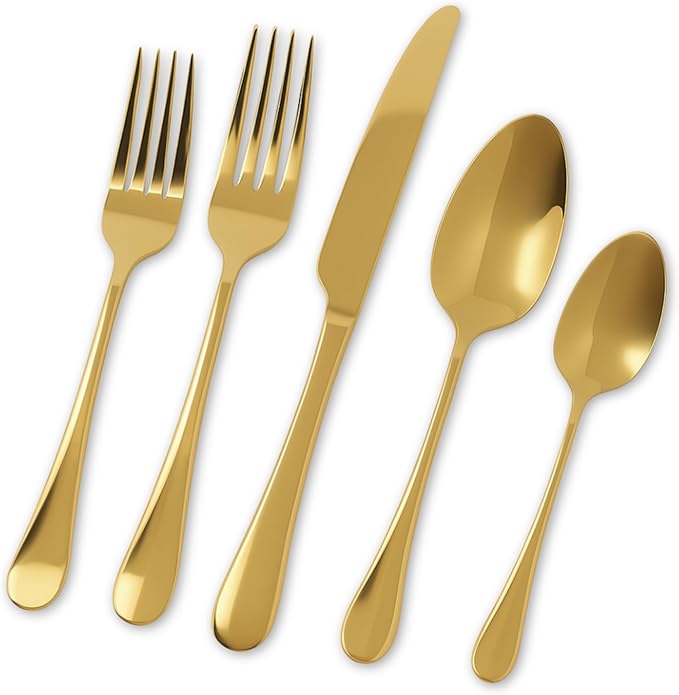 Roberts & Belk 45-Piece Camden Gold Silverware Set – Flatware for 8 – High Mirror Stainless Steel Utensils with Knives, Forks & Spoons