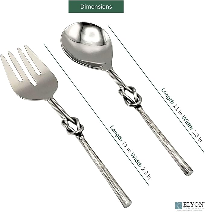Elyon Reef Knot Reflective Silver Salad Serving Set Indian Artisan Made Hostess Set Hand Forged Stainless Steel 2 Pieces