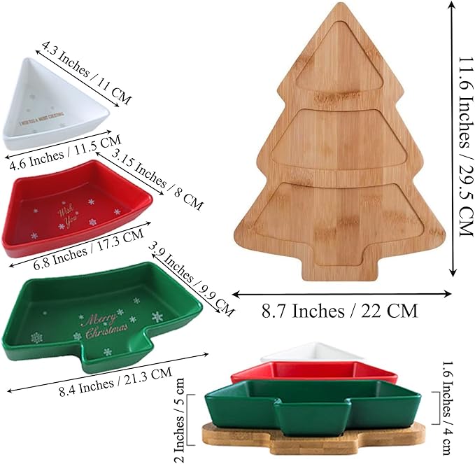 Colorful 11.6 Inches Big Colorful Snack Appetizer Trays Set, Christmas Tree Dessert Serving Dishes, Snack Platter, 3 pcs Removable Porcelain Plates with Bamboo Tree Tray