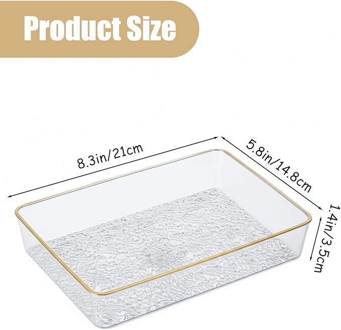 Clear Acrylic Tray, 6 Pack Acrylic Serving Trays Deep Serving Platter Decorative Tray with Gold Rim, Reusable Plastic Tray for Living Room Entryway Bedroom Kitchen Coffee Table Coutertop (Small)