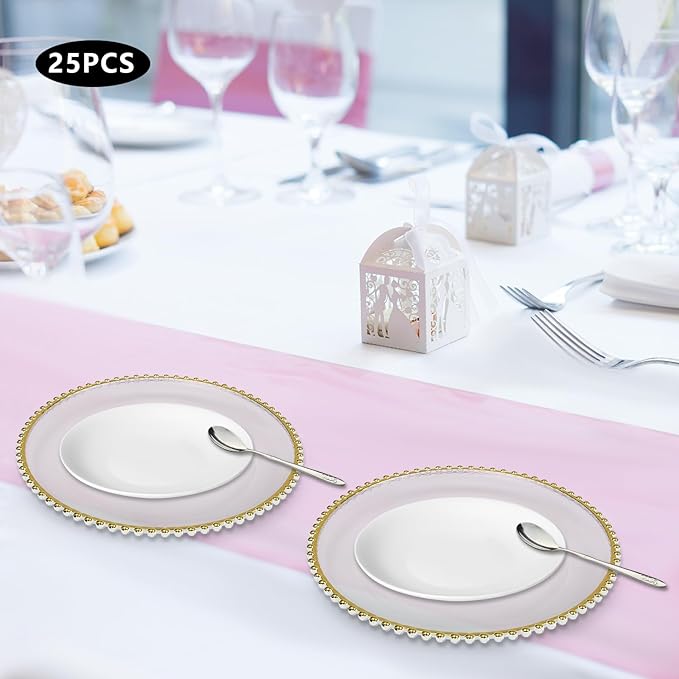 25Pcs Antique Clear Charger Plates, 13" Round Decorative Reef Chargers for Dinner Plates, Reusable Plastic Charger Plates Bulk with Gold Bead Rim for Wedding, Dinner, Party, Bridal Shower