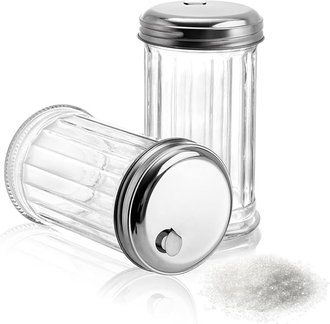 Tebery 4 Pack Sugar Shaker Dispenser Airtight, 12 Oz Thick Glass Sugar Pourer Container with Pour Flap Lid, Powdered Creamer Spice Dispenser for Coffee Bar, Salt, Pepper, Retro Style