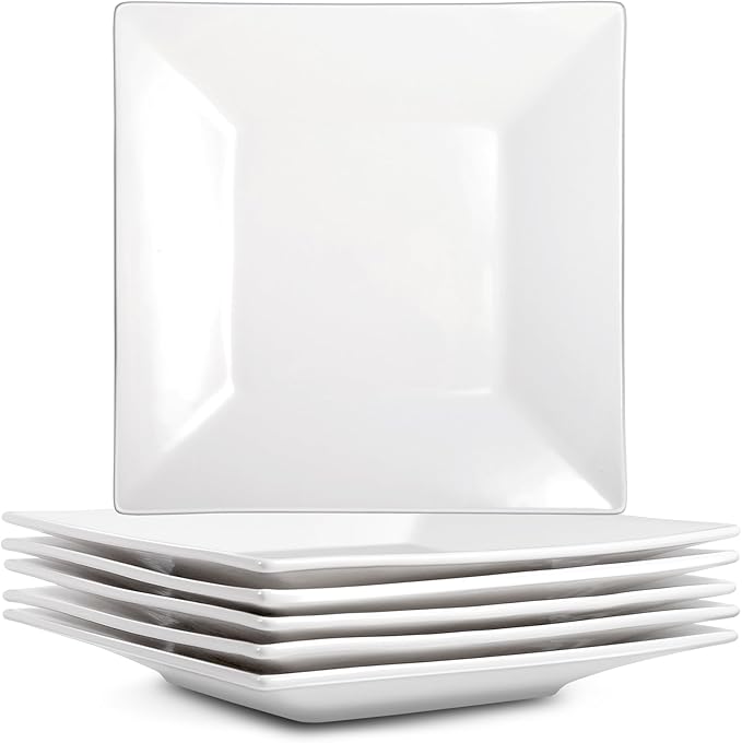 Appetizer Plates Set of 6,10 Inch Porcelain Square Dinner Plates,White Salad Plates,Square Serving Plate for Steak,Pasta,Dessert, Scratch Resistant, Microwave and Dishwasher Safe
