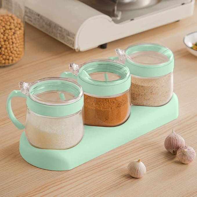 NAN Wind Glass Seasoning Box Set,12oz/350 ml Condiment Set With Lids and Spoon,Clear Glass Condiment Canisters,2Pack Scondiment Jar Set for Sugar Pepper for Kitchen Counter(Green)