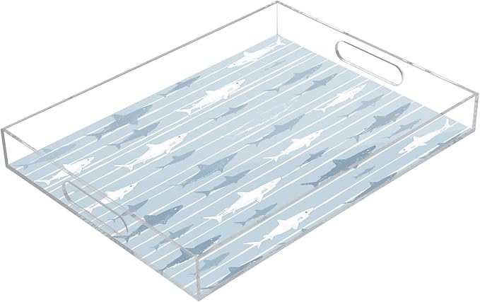 Serving Tray with Handles Clear Acrylic Tray 12x16 Inch Decorative Rectangular Tray Organizer for Ottoman Coffee Table Bathroom Blue Striped Sharks