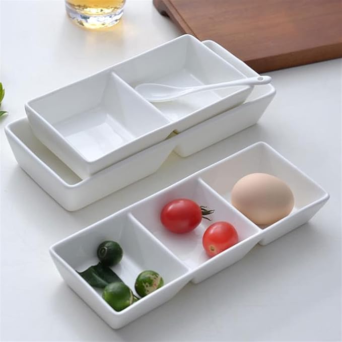 Sauce Dish White Ceramic Soy Sauce Dish 3 Compartment Appetizer Plate Tray Divided Dipping Sauce Dishes for Sushi Ketchup Appetizer Serving (9.65inch Dipping Bowls