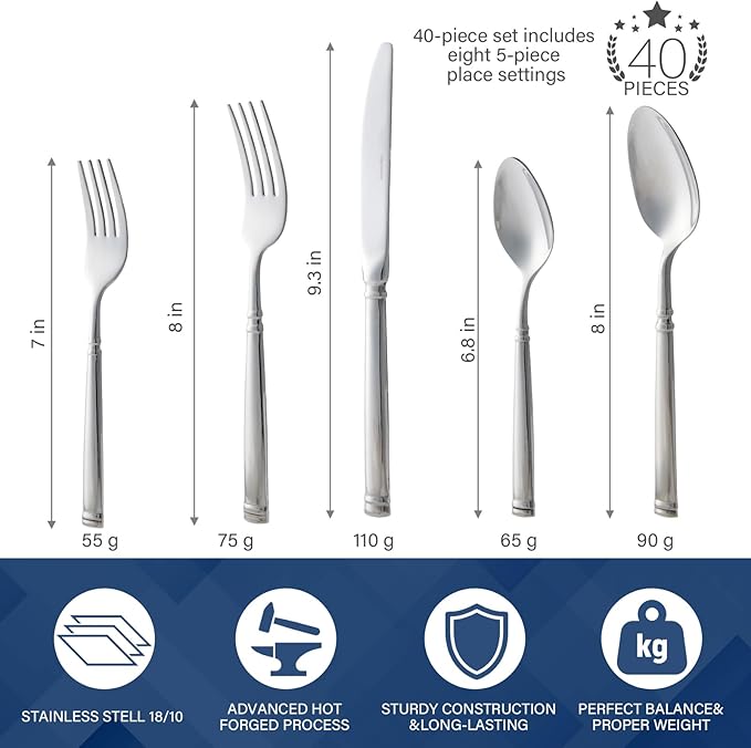 40-Piece Silverware Set for 8，Serenity Flatware Set 18/10 Stainless Steel，Fine Cutlery Set with Forks, Knives, Spoons，Durable and Elegant Design Tableware，Dishwasher Safe