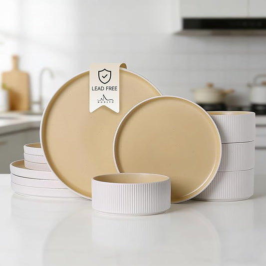 MONITO Ceramic Dinnerware Sets for 4, 12PCS Stoneware Plates and Bowls Sets, Reactive Glaze Dish Set, Chip and Scratch Resistant Double, Microwave and Dishwasher Safe, White Orange