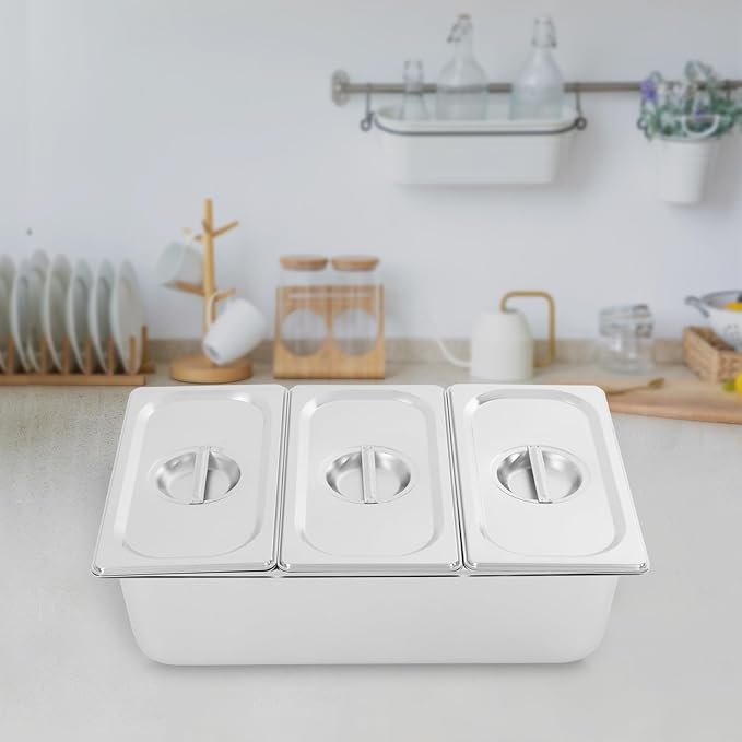 Three-Compartment Fruit Pan with Acrylic Lids and Water-Filtering Gaskets Stainless Steel 3 Pans Food Storage Container for Restaurants Buffet Display