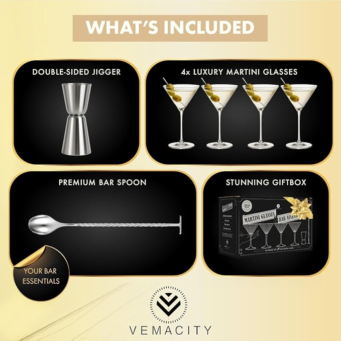 VEMACITY - Ribbed Martini Glasses Set of 4 | Silver Bar Tools - 8oz Cocktail Glasses | Espresso Martini, Margarita, Manhattan, Cosmopolitan - Art Deco Cocktail Gift Set | Ideal for Martinis