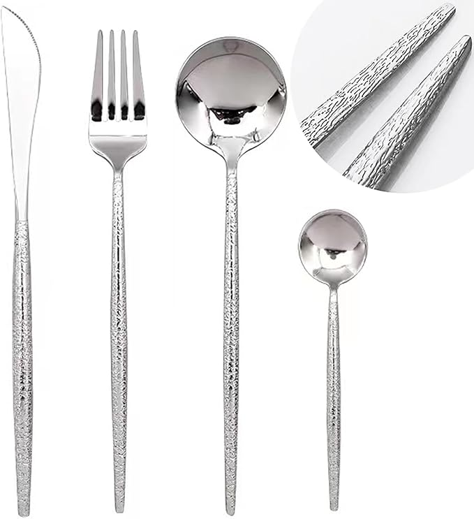 Silverware Set for 4, 16 Piece, Food Grade Stainless Steel Flatware Set, Hammered Cutlery Set For Home Kitchen Restaurant Hotel, Mirror Polished Serving Utensils Set, Forks/Steak Knife/Spoons