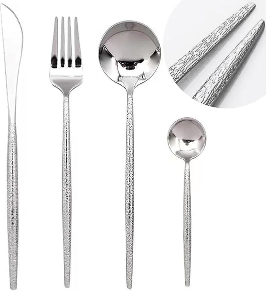 Silverware Set for 4, 16 Piece, Food Grade Stainless Steel Flatware Set, Hammered Cutlery Set For Home Kitchen Restaurant Hotel, Mirror Polished Serving Utensils Set, Forks/Steak Knife/Spoons