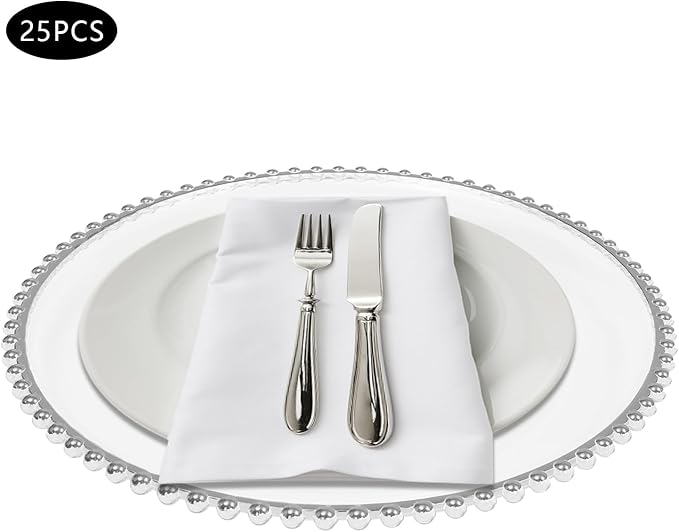 25 Pack Silver Charger Plates – Elegant Round Decorative Plates with Beaded Edge – Clear & Gold Hot-Stamped PS Platters for Weddings, Parties, Banquets – Stackable, Reusable