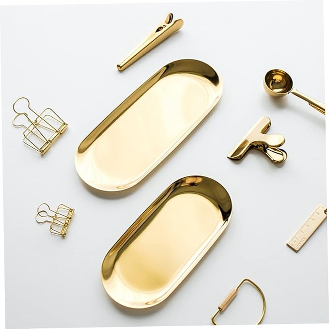 Nordic Style Large Oval Jewelry Tray and Snack Platter Elegant Metal Storage Organizer Golden Stainless Steel for Home and Vanity Use
