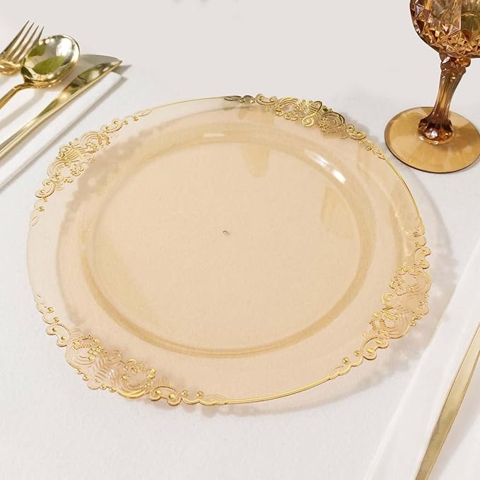 10" Dinner Plates -Set of 20 - Plastic Transparent Gold Round Baroque Disposable Chargers Leaf Embossed Rim, Ideal for Dinner Party Wedding Bulk Events
