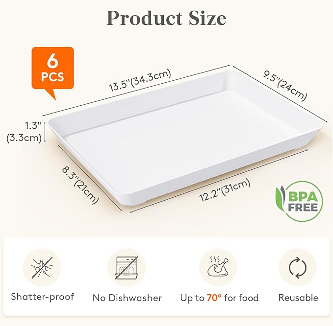 Lifewit Plastic Serving Platter for Party Supplies, 6 Pcs White platters for Serving Food, Reusable Tray for Buffet, Fruit, Charcuterie, Snack, Rectangle, Holiday Christmas Essentials, BPA Free