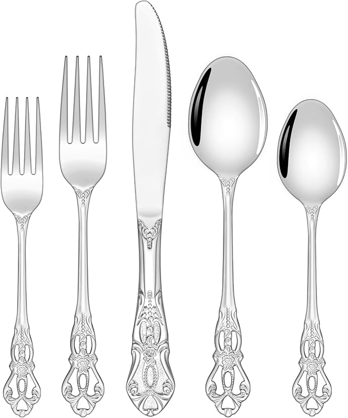 Silverware Set, Ollex 20-piece Retro Silverware Set for 4 with Stainless Steel Fork Spoons Knives Vintage Silver Flatware Utensils Set for Dairy Kitchen Party Tableware Cutlery Set, Dishwasher Safe