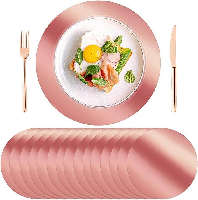 KesaPlan 50PCS Round Rose Gold Placemats, 13" Disposable Paper Placemats for Dining Table, Mirrored Rose Gold Charger Place Mat for Kitchen Banquet Table Setting Wedding Birthday Dinner Party Decor