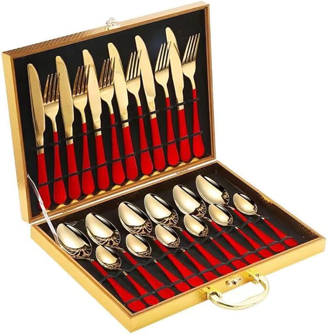 Gift Box 24pcs Set Cutlery Dinnerware 410 Stainless Steel Flatware Set Tableware Suit Dinner Spoon Fork Knife Flatware Serving Sets (Gold + White)