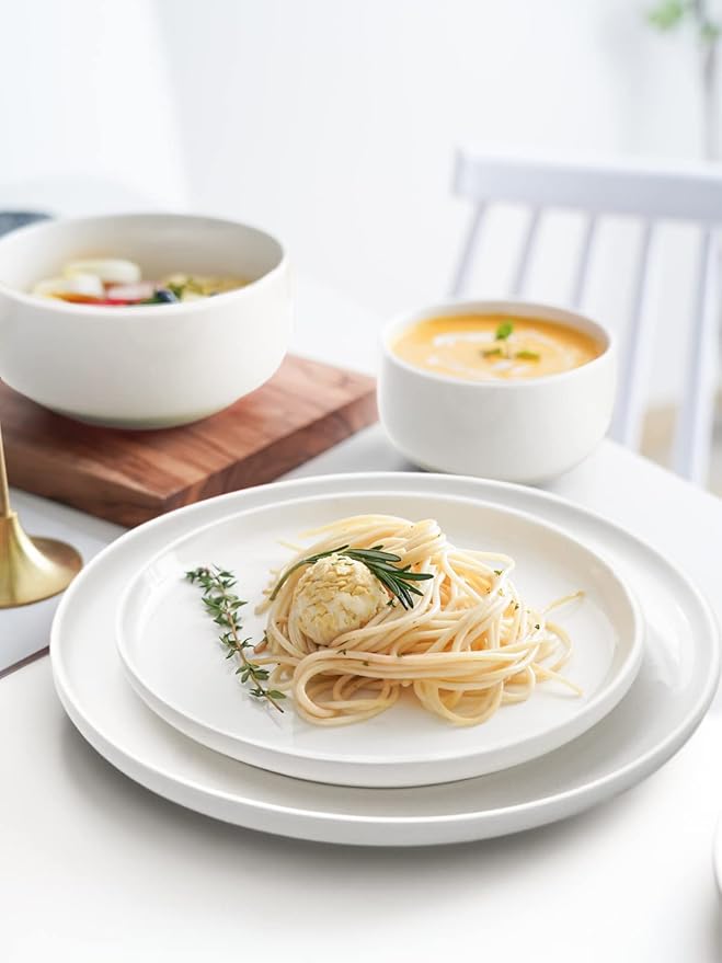 Kanwone Porcelain Dessert Salad Plates - 8 Inch - Set of 6, White, Microwave and Dishwasher Safe Plates, White Dishes, Morden Plates