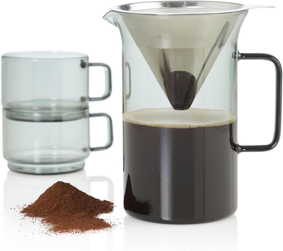 AdHoc Pour Over Coffee Maker - Manual Brewer for Ground Coffee - Reusable Stainless Steel Filter - Heat-Resistant Glass Coffee Dripper - Dishwasher Safe