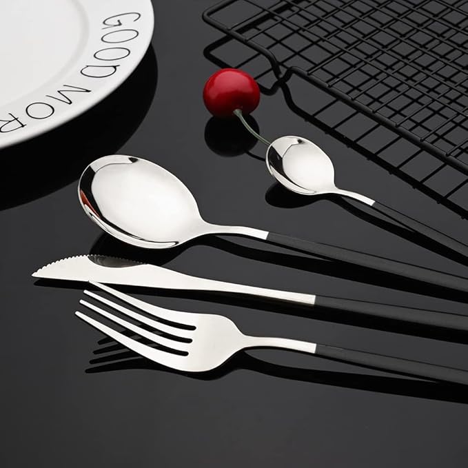 JASHII 24-piece Forks and Spoons Silverware Set with Stand, Metal Tableware Cutlery Set Titanium Black and Silver Plated Stainless Steel Flatware Set,Service for 6,Mirror Polished