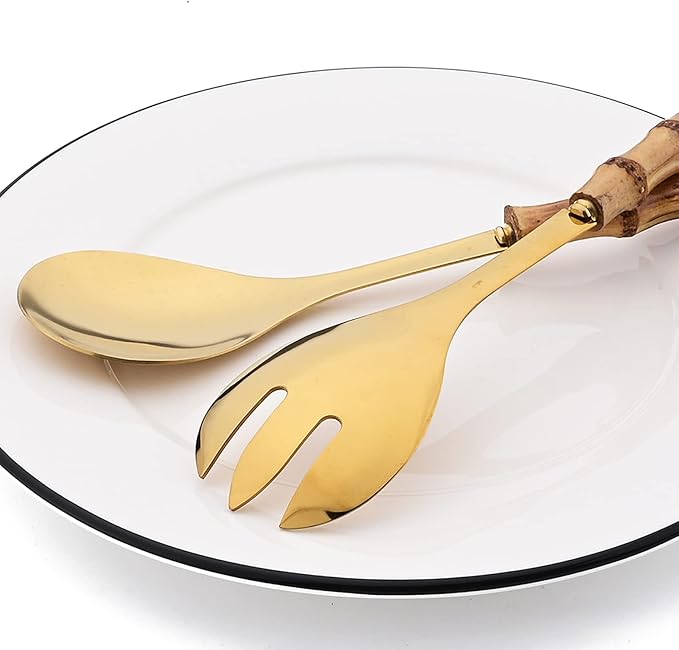 4 Piece Bamboo Handle Serving Set Utensils, 304 Stainless Steel Long Hanlde Serving Fork Spoon For Kitchen Buffet Banquet Wedding Party Cooking (4 Forks, Gold)