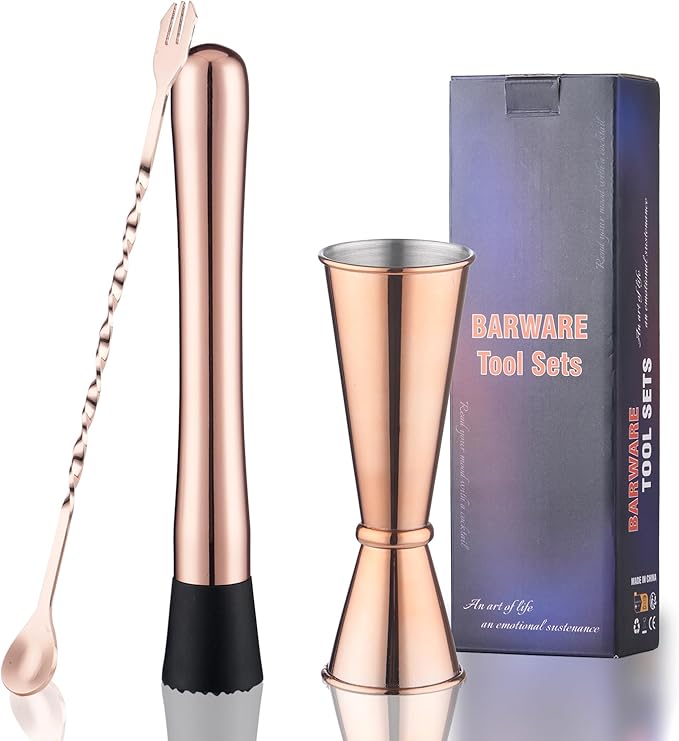Rosegold Muddler for Cocktails, Matching Jigger and Bar Spoon with Bar Muddler - 3 Pcs Cocktail Muddler Set