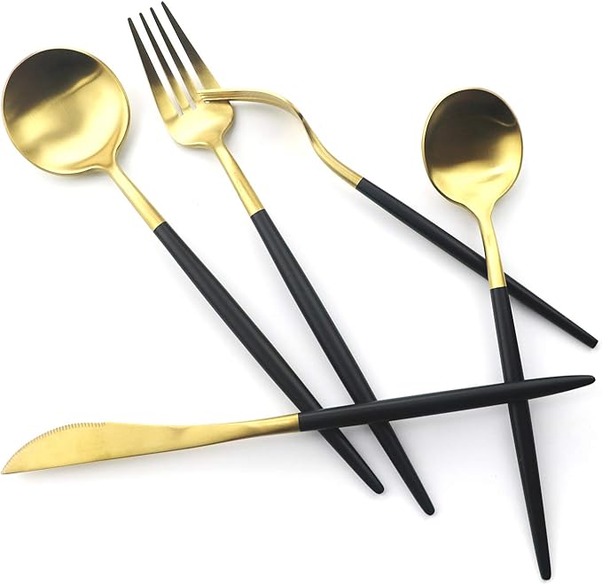 Gugrida Luxury Flatware, Royal 5 Piece Matte Black Handle 18/10 Stainless Steel Tableware Sets for 1 Including Forks Spoons Knives, Camping Silverware Travel Utensils Set Cutlery (Black Silver)
