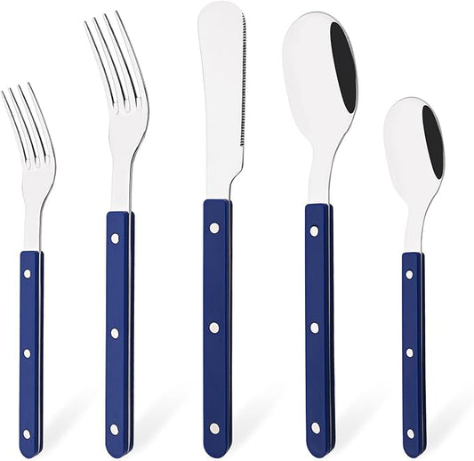 5 PCS Stainless Steel Flatware Set for 1, Silverware Set with Colored Handles, Retro Style Forks Spoons and Knives Set, Vintage Eating Utensils, Blue Acrylic Handle with Rivets Design