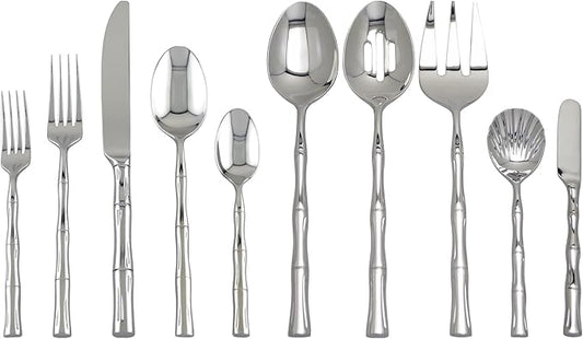 UPware 45-Piece Bamboo Shaped Flatware Set, 18/8 Stainless Steel Silverware Cutlery Set, Service for 8 with Serving Set, Mirror Polished, Dishwasher Safe (Bamboo)