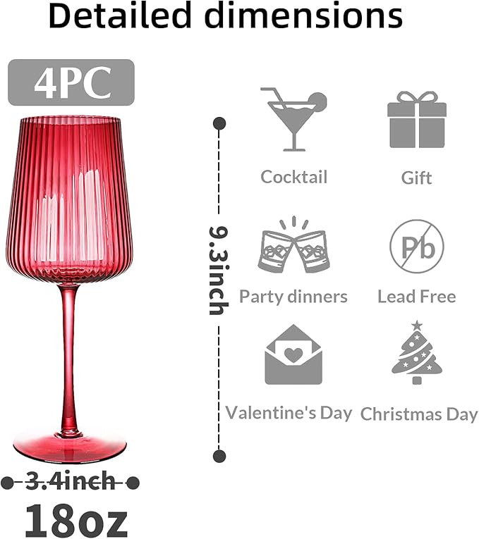 Hand Blown Ribbed Wine Glasses with stem, Lead-Free Crystal Glasses, Luxury Gift, Set of 4, Unique, 18oz Premium Wine Goblet, Large capacity, Fluted Design (Winter Colored)