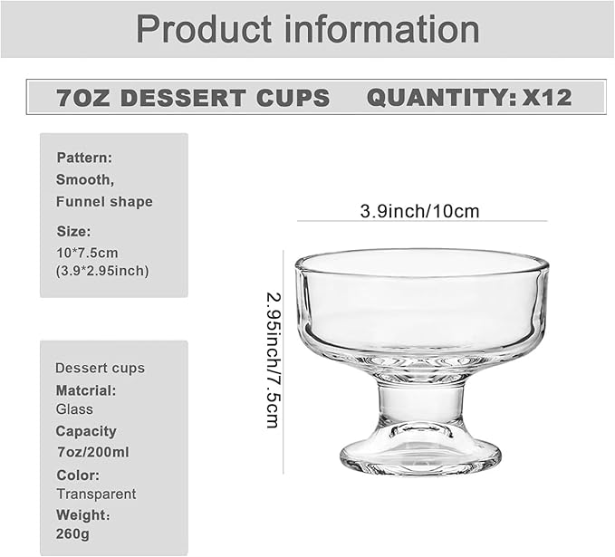 12 Pack Glass Ice Cream Cups,Glass Dessert Bowls,7oz Mixed Drinks Cups for Drinks,Dessert,Nuts,Fruit, Pudding,Snack,Cocktail Party (12)