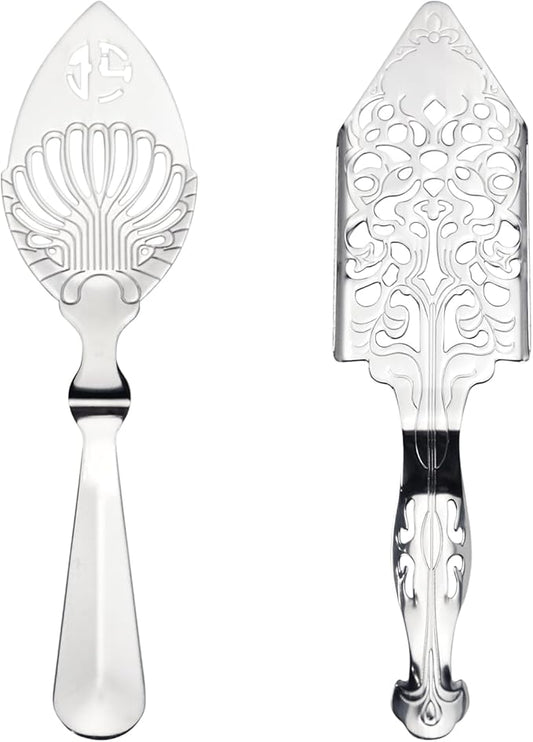 2 Pcs Stainless Steel Absinthe Spoons, Spoon-Vintage Style Absinthe Dripper with 2 Types, Ice Cube Mesh Filter Wormwood Spoon Strainer Spoon for Bar Cocktail Tea Coffee (Silver)
