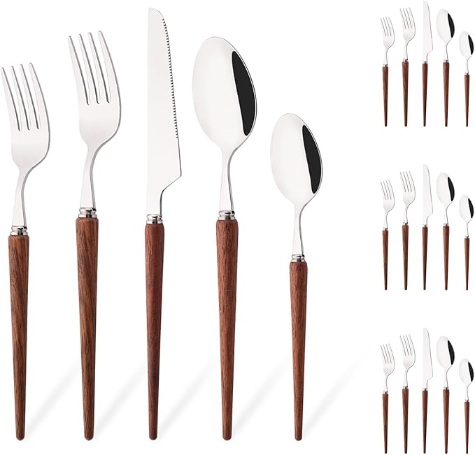20-Piece Wood Handle Silverware Set 304 Stainless Steel Flatware Set Service For 4, Forks Spoons and Knives Set for Home, Restaurant, Wedding, Party (Rosewood)