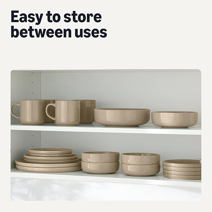 Amazon Basics Glazed Stoneware Dinnerware, 12-Piece Set, 4 Full Place Settings, Dishwasher-Safe, Microwave-Safe, Linen Gray