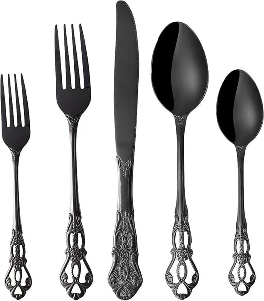 Black Silverware Set for 2, MIKIWAY 10 Pieces Stainless Steel Flatware Set, Cutlery Tableware Set, Kitchen Utensils Set Include Spoons And Forks Set, Mirror Polished, Dishwasher Safe