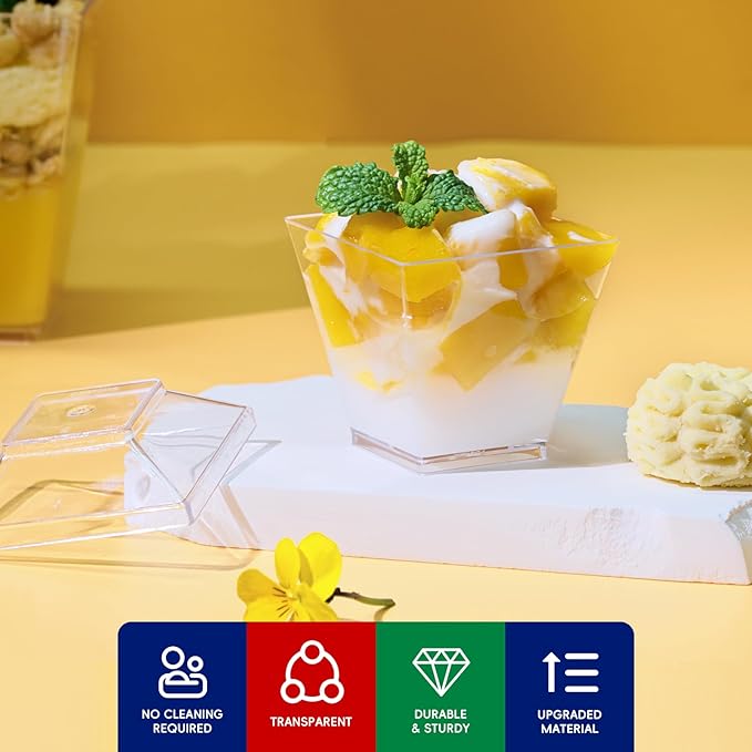 JOLLY CHEF 100 Pack 2 oz Mini Dessert Cups with Spoons and Lids, Square Tall Clear Plastic Parfait Appetizer Cup Small Serving Bowl for Party Desserts Appetizers