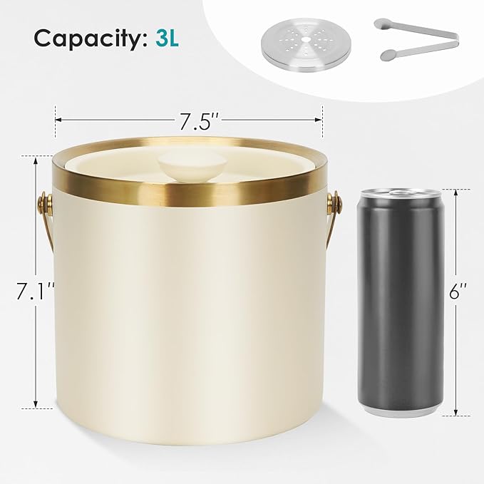 ZORMY 3L Double-Wall Vacuum Insulated Stainless Steel Ice Bucket with Lid & Tong，Wine and Champagne Bucket for Home & Parties（WhiteGold）