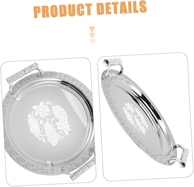 Mobestech Round Pattern Tray Silver Serving Plate Fruit Trays for Serving Round Bread Plate Storage Dish